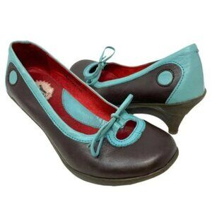 Fly London Brown & Blue Leather Mary Janes Kitten Heels - Size 8.5
